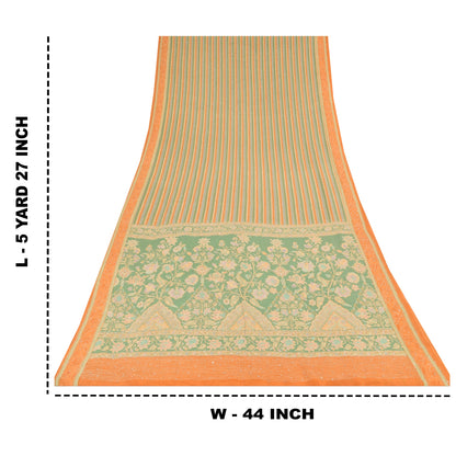 Sanskriti Vintage Saree Green Pure Crepe Hand Embroidery Kantha-Print Sari 5.5YD