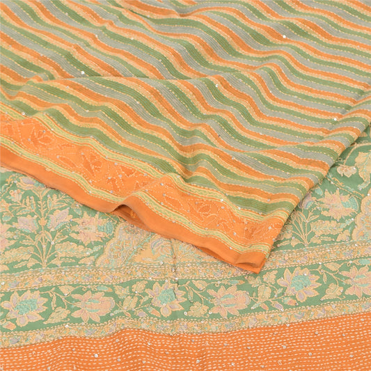Sanskriti Vintage Saree Green Pure Crepe Hand Embroidery Kantha-Print Sari 5.5YD