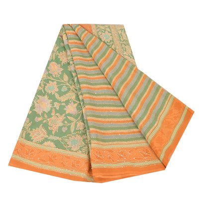 Sanskriti Vintage Saree Green Pure Crepe Hand Embroidery Kantha-Print Sari 5.5YD