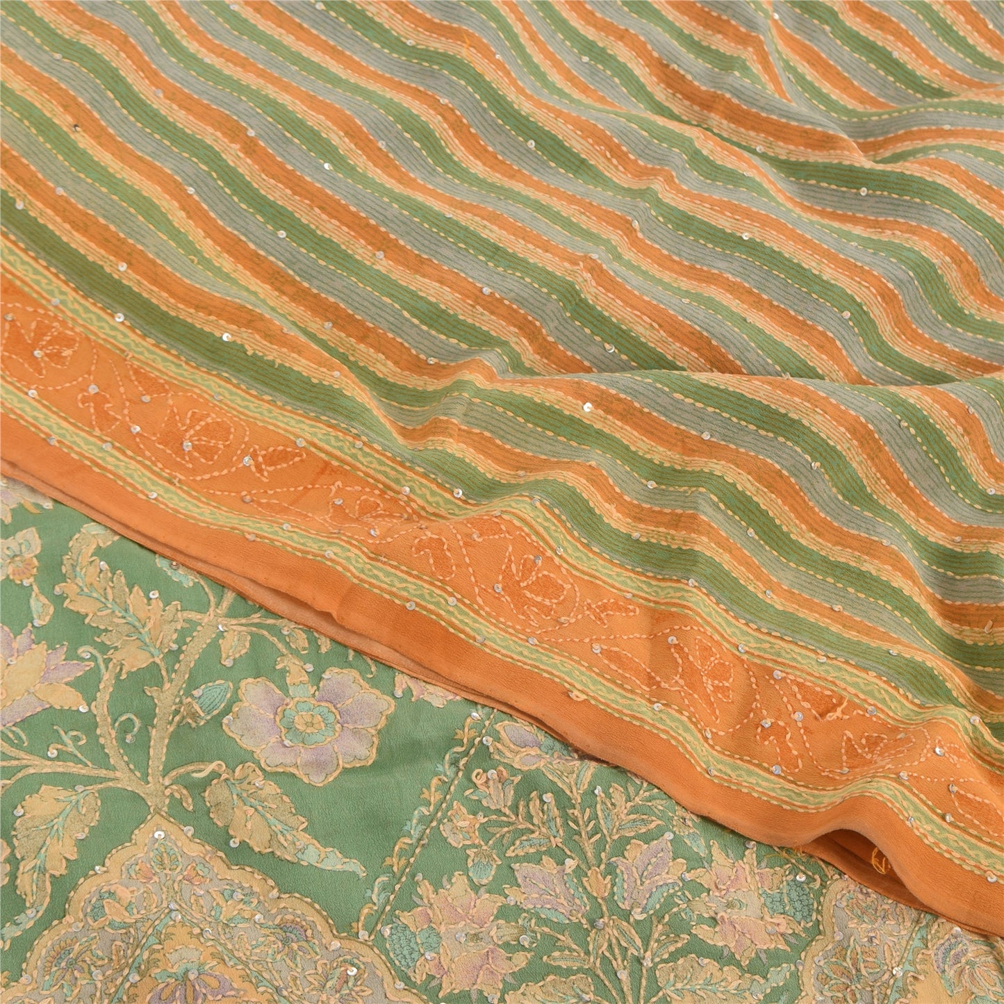 Sanskriti Vintage Saree Green Pure Crepe Hand Embroidery Kantha-Print Sari 5.5YD