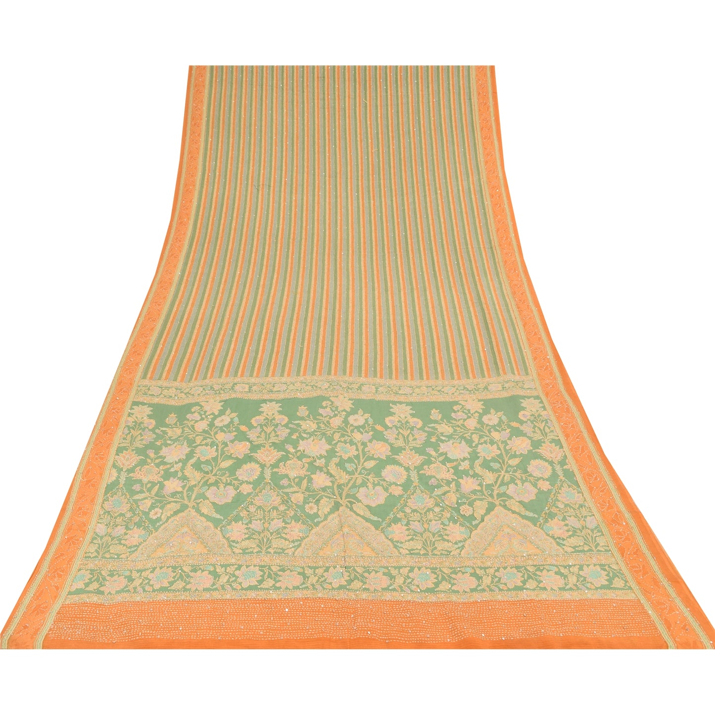 Sanskriti Vintage Saree Green Pure Crepe Hand Embroidery Kantha-Print Sari 5.5YD
