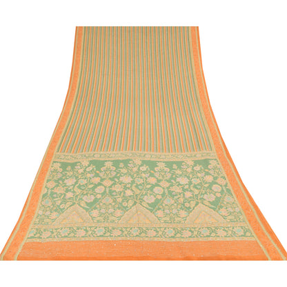 Sanskriti Vintage Saree Green Pure Crepe Hand Embroidery Kantha-Print Sari 5.5YD