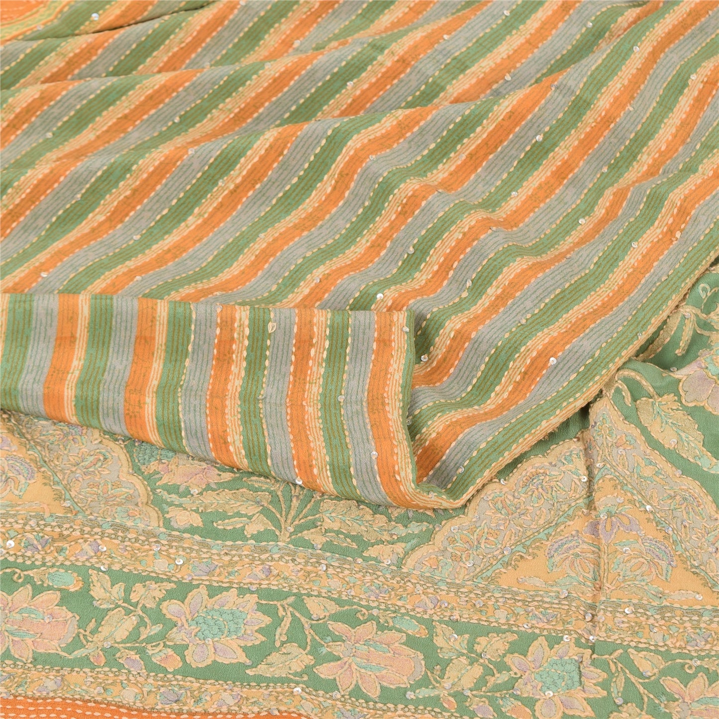 Sanskriti Vintage Saree Green Pure Crepe Hand Embroidery Kantha-Print Sari 5.5YD