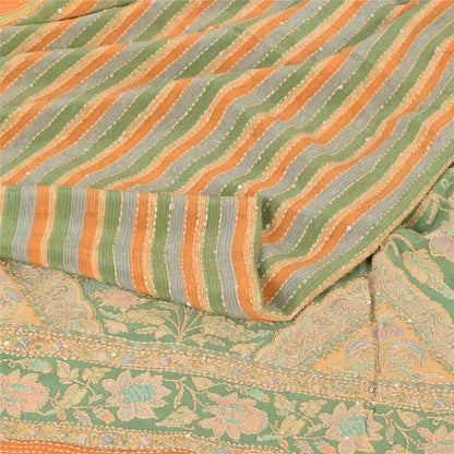 Sanskriti Vintage Saree Green Pure Crepe Hand Embroidery Kantha-Print Sari 5.5YD