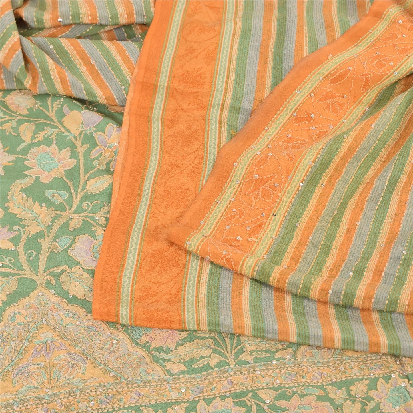 Sanskriti Vintage Saree Green Pure Crepe Hand Embroidery Kantha-Print Sari 5.5YD