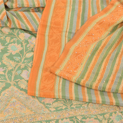 Sanskriti Vintage Saree Green Pure Crepe Hand Embroidery Kantha-Print Sari 5.5YD
