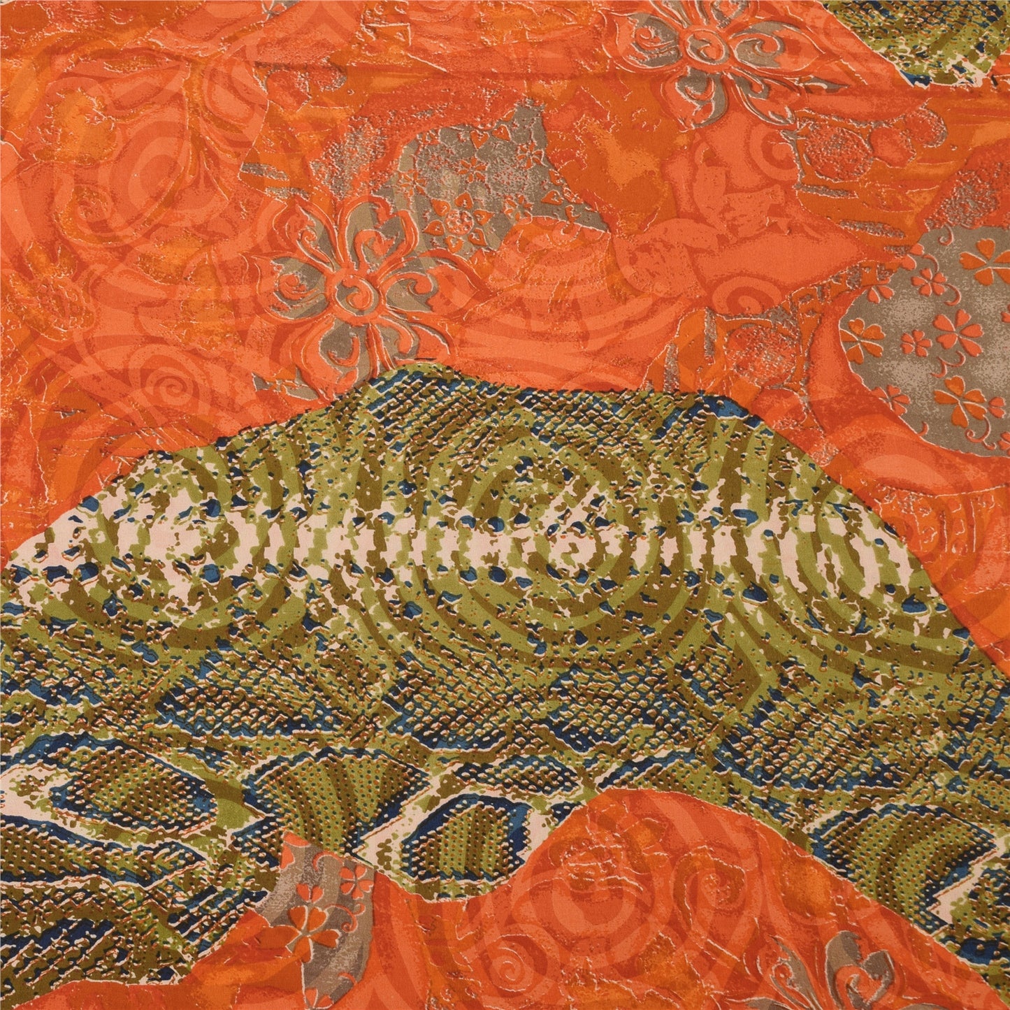 Sanskriti Vintage Sarees Orange/Green Pure Crepe Silk Printed Sari 6yd Sustainable Fabric