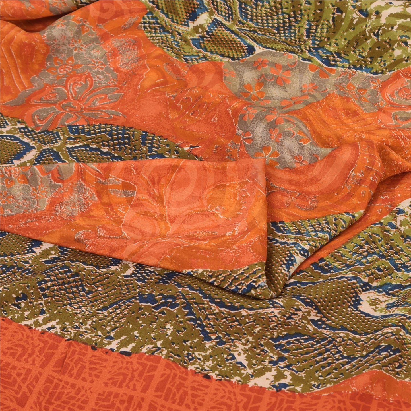 Sanskriti Vintage Sarees Orange/Green Pure Crepe Silk Printed Sari 6yd Sustainable Fabric
