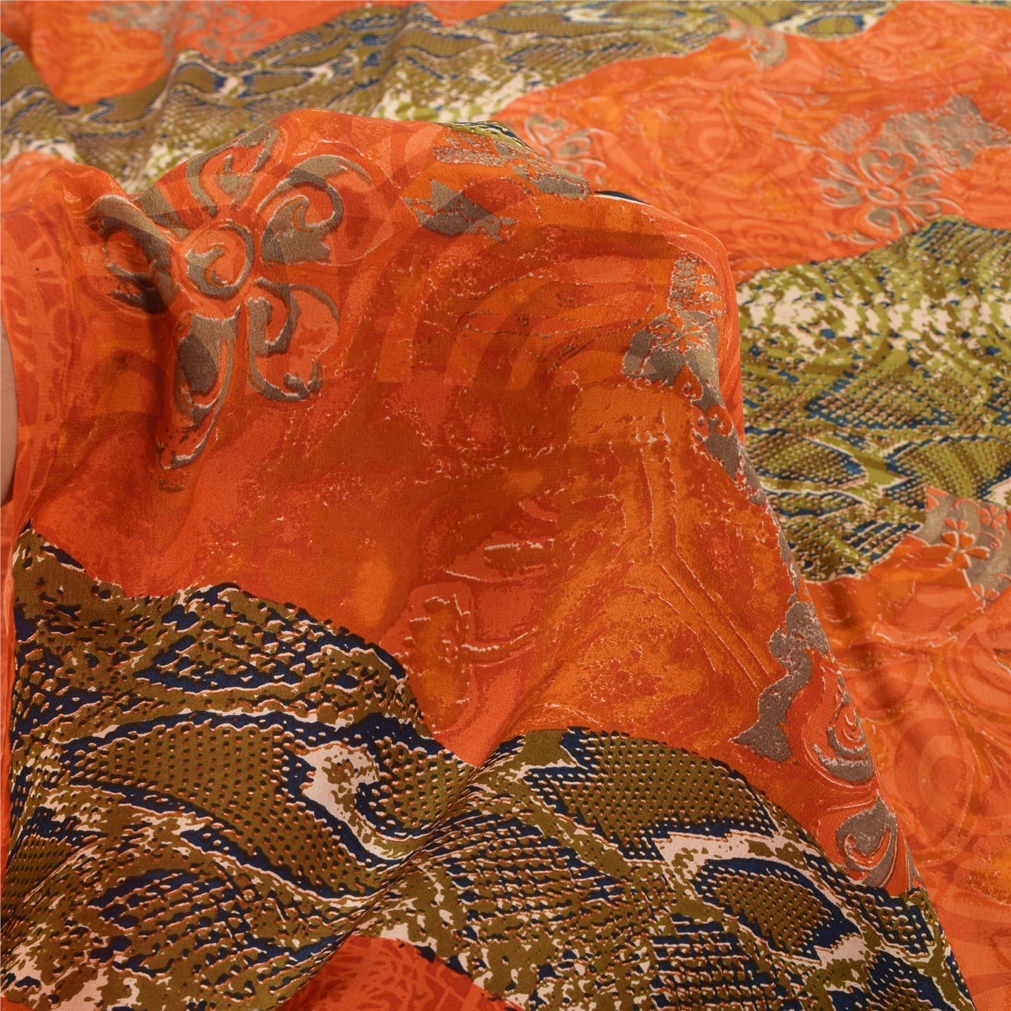 Sanskriti Vintage Sarees Orange/Green Pure Crepe Silk Printed Sari 6yd Sustainable Fabric