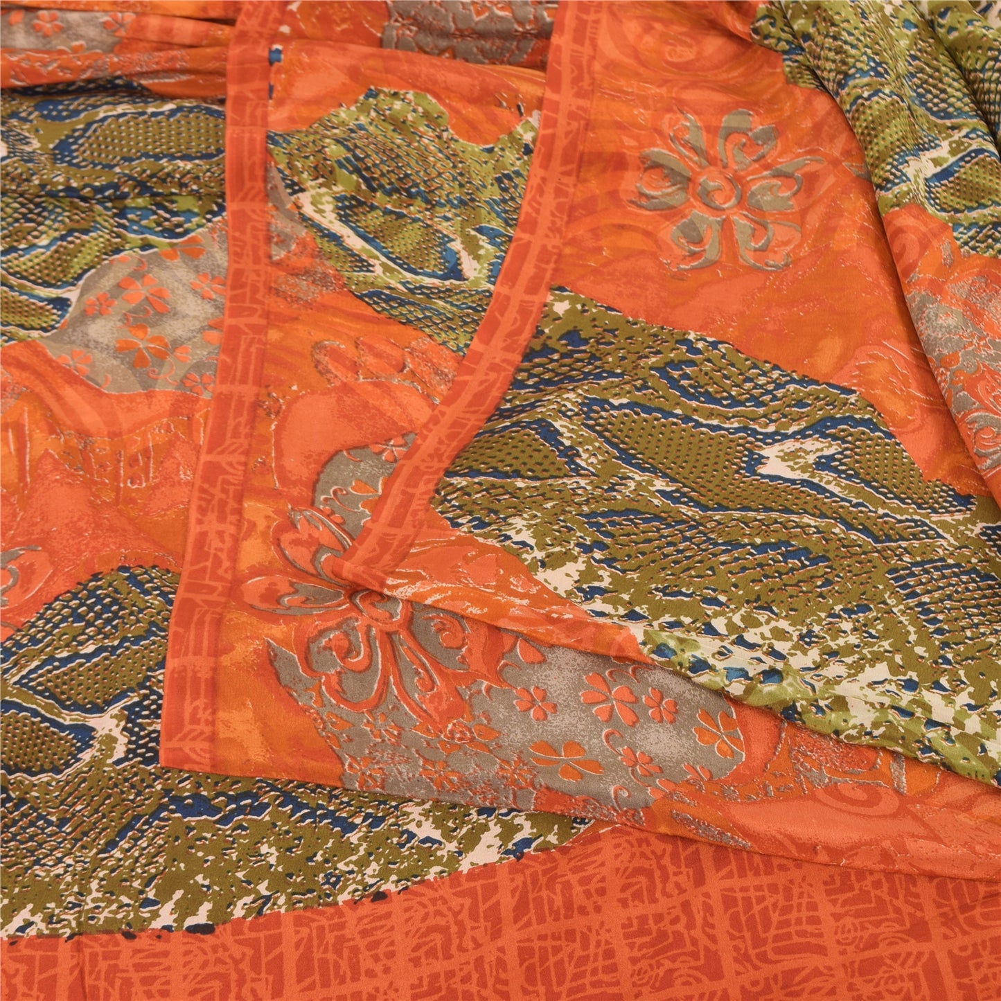 Sanskriti Vintage Sarees Orange/Green Pure Crepe Silk Printed Sari 6yd Sustainable Fabric