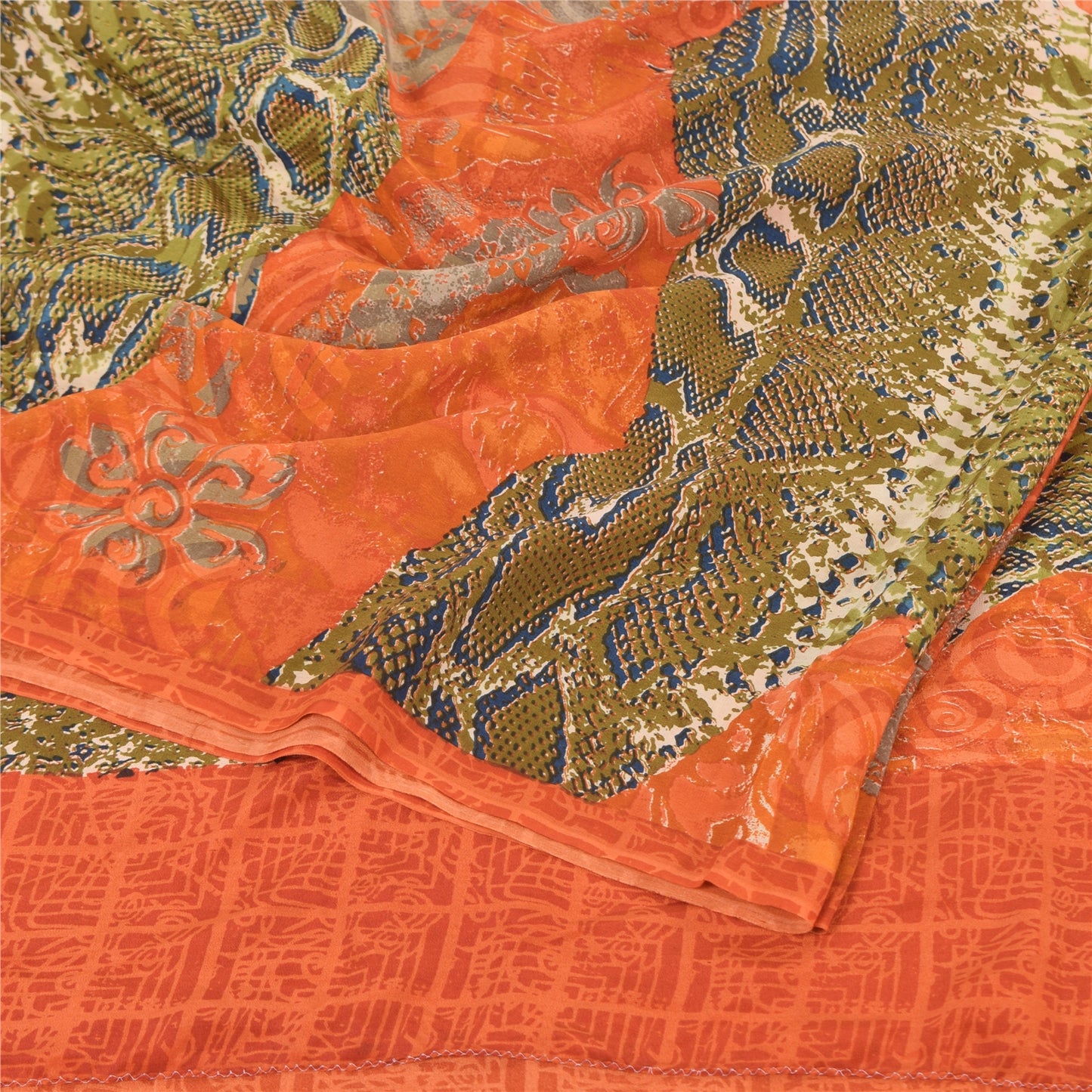 Sanskriti Vintage Sarees Orange/Green Pure Crepe Silk Printed Sari 6yd Sustainable Fabric