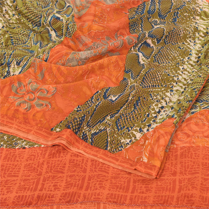 Sanskriti Vintage Sarees Orange/Green Pure Crepe Silk Printed Sari 6yd Sustainable Fabric