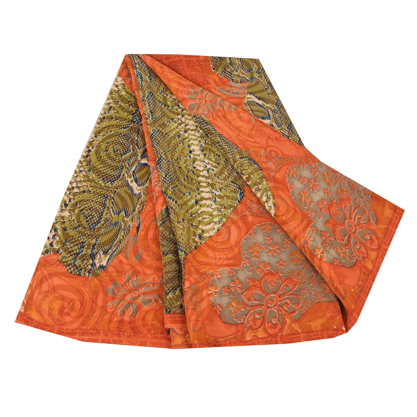 Sanskriti Vintage Sarees Orange/Green Pure Crepe Silk Printed Sari 6yd Sustainable Fabric