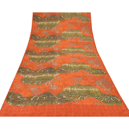 Sanskriti Vintage Sarees Orange/Green Pure Crepe Silk Printed Sari 6yd Sustainable Fabric