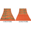 Sanskriti Vintage Sarees Orange/Green Pure Crepe Silk Printed Sari 6yd Sustainable Fabric