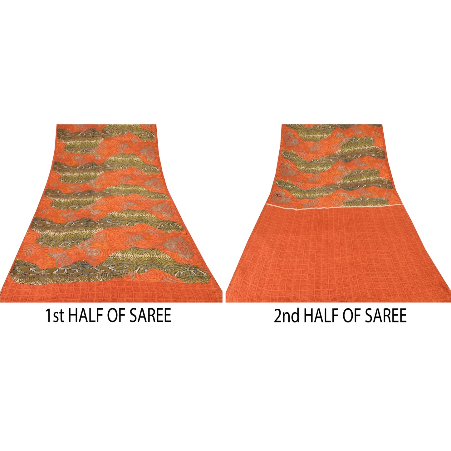 Sanskriti Vintage Sarees Orange/Green Pure Crepe Silk Printed Sari 6yd Sustainable Fabric