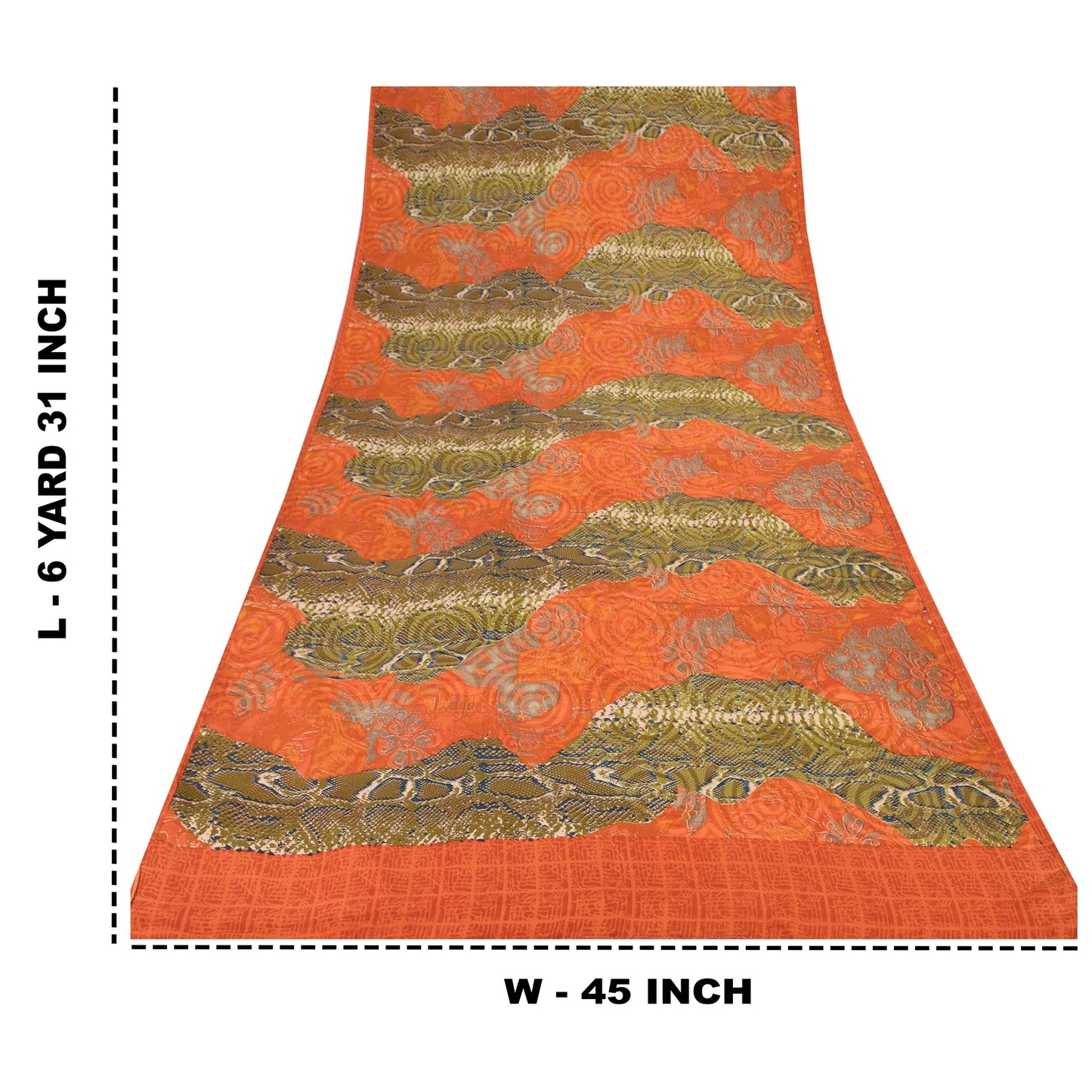 Sanskriti Vintage Sarees Orange/Green Pure Crepe Silk Printed Sari 6yd Sustainable Fabric