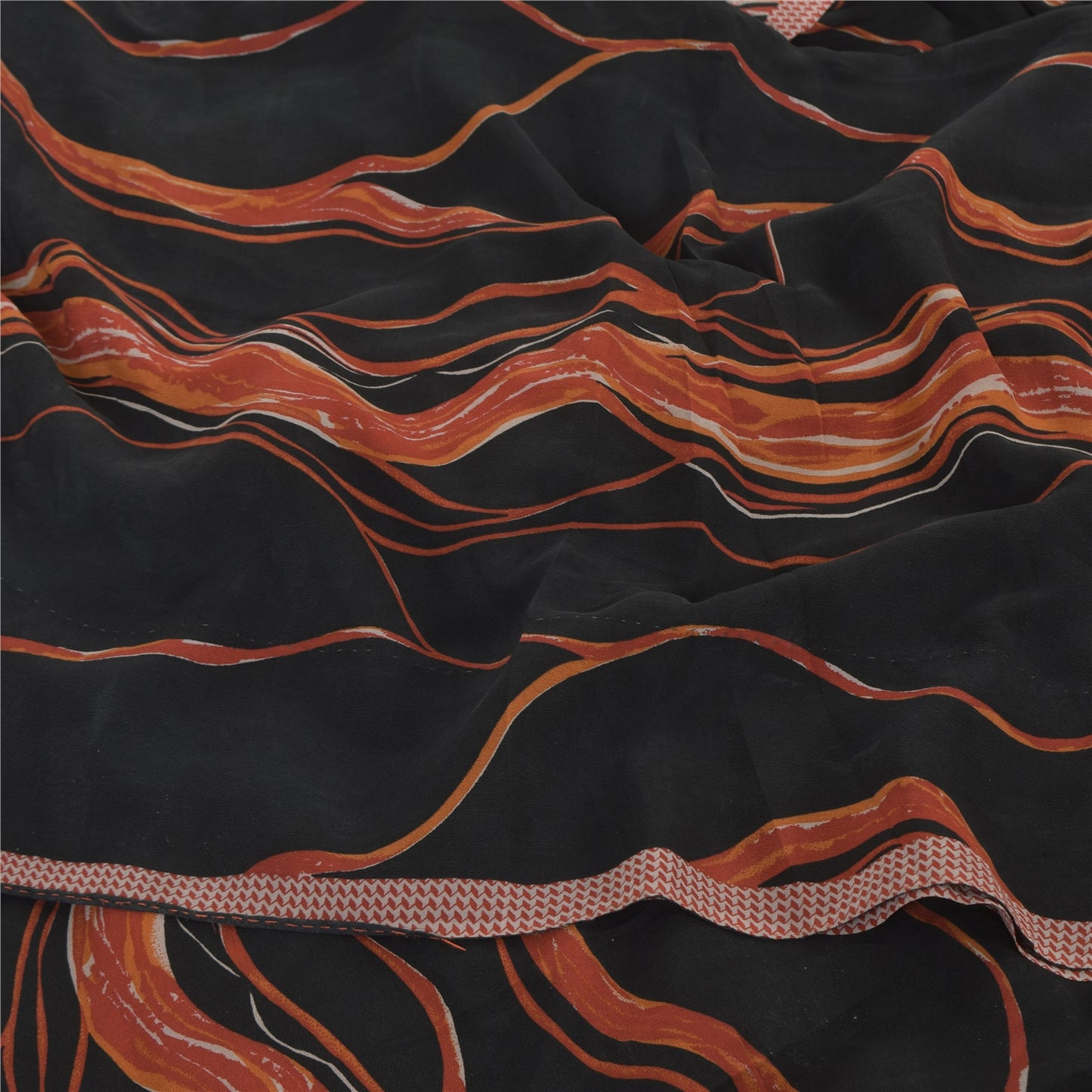 Sanskriti Vintage Sarees Black/Orange Pure Crepe Silk Printed Sari Craft Sustainable Fabric