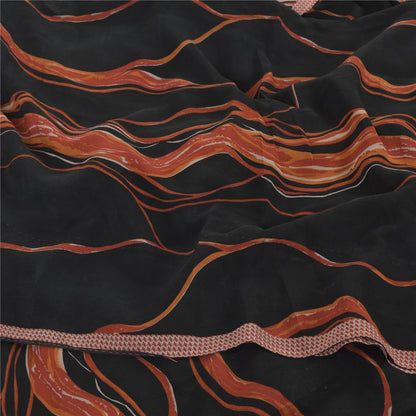 Sanskriti Vintage Sarees Black/Orange Pure Crepe Silk Printed Sari Craft Sustainable Fabric