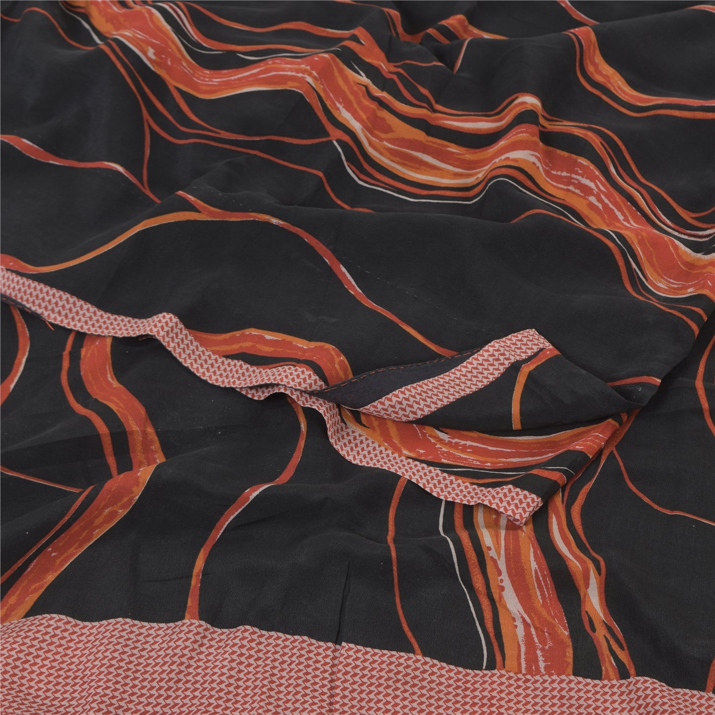 Sanskriti Vintage Sarees Black/Orange Pure Crepe Silk Printed Sari Craft Sustainable Fabric