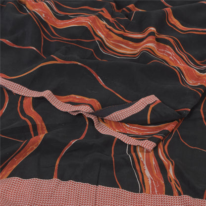 Sanskriti Vintage Sarees Black/Orange Pure Crepe Silk Printed Sari Craft Sustainable Fabric