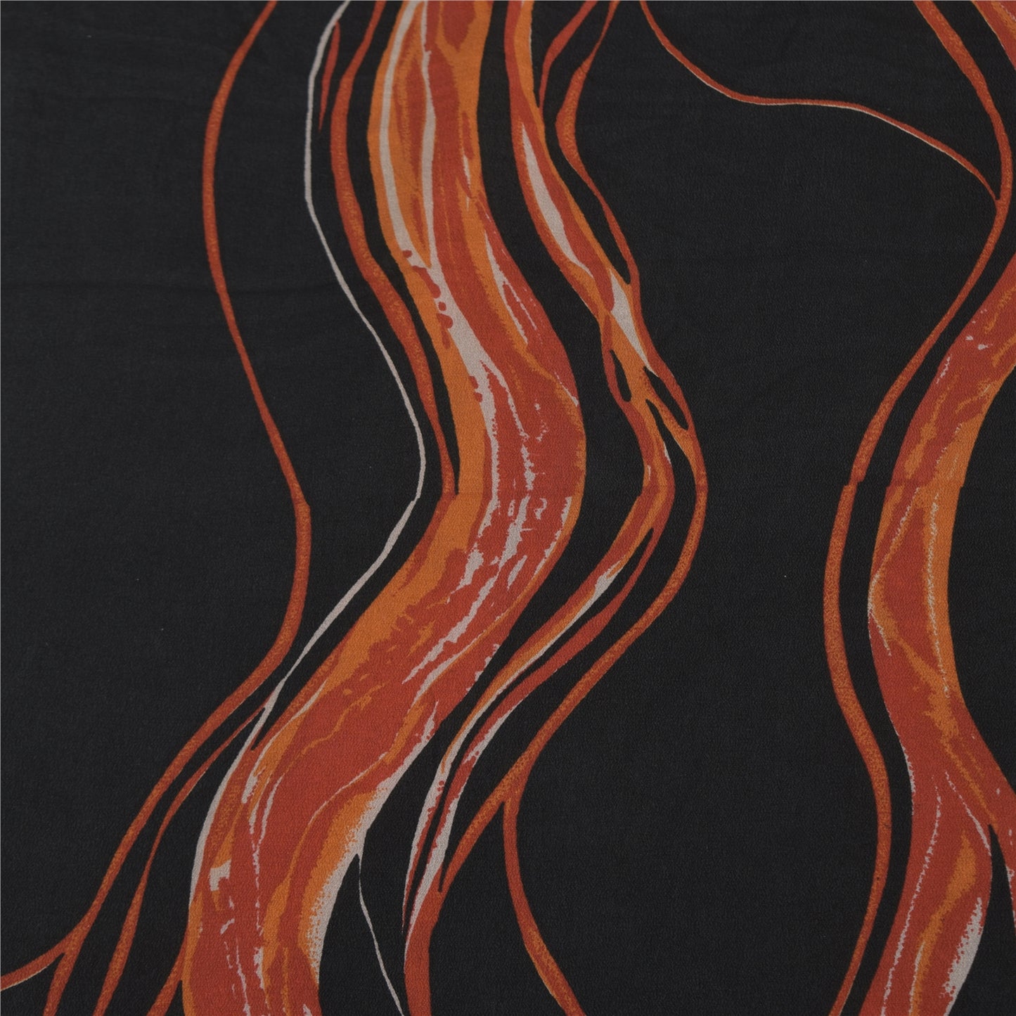 Sanskriti Vintage Sarees Black/Orange Pure Crepe Silk Printed Sari Craft Sustainable Fabric