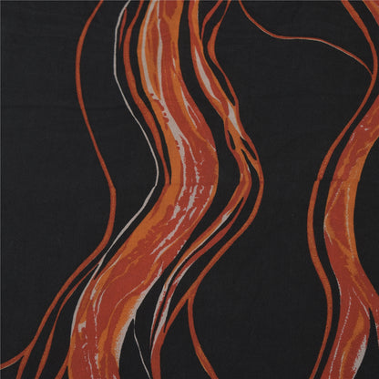 Sanskriti Vintage Sarees Black/Orange Pure Crepe Silk Printed Sari Craft Sustainable Fabric