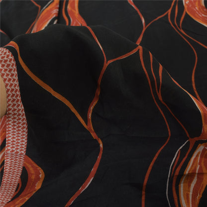 Sanskriti Vintage Sarees Black/Orange Pure Crepe Silk Printed Sari Craft Sustainable Fabric