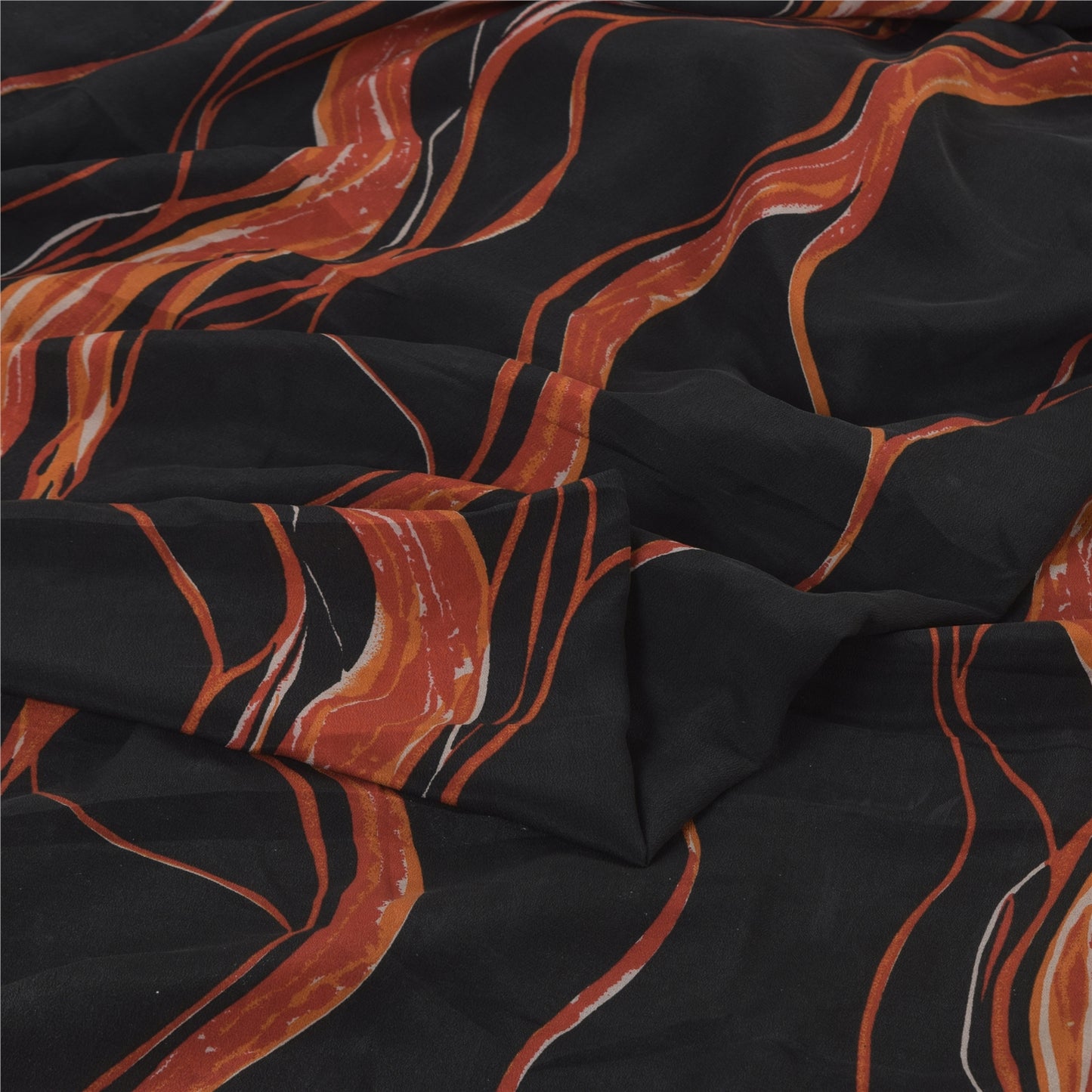 Sanskriti Vintage Sarees Black/Orange Pure Crepe Silk Printed Sari Craft Sustainable Fabric
