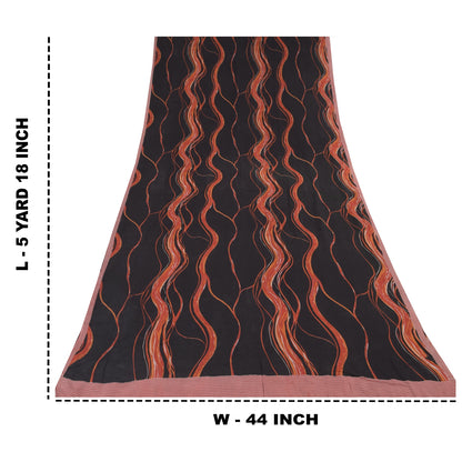 Sanskriti Vintage Sarees Black/Orange Pure Crepe Silk Printed Sari Craft Sustainable Fabric