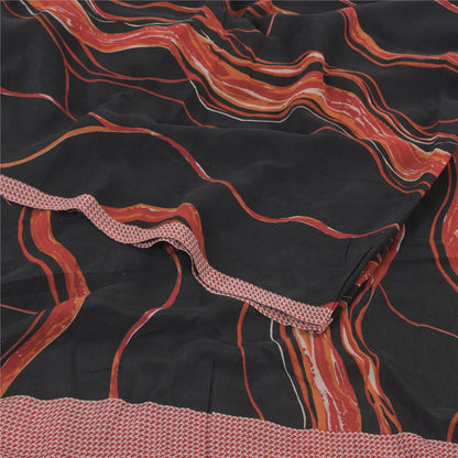 Sanskriti Vintage Sarees Black/Orange Pure Crepe Silk Printed Sari Craft Sustainable Fabric