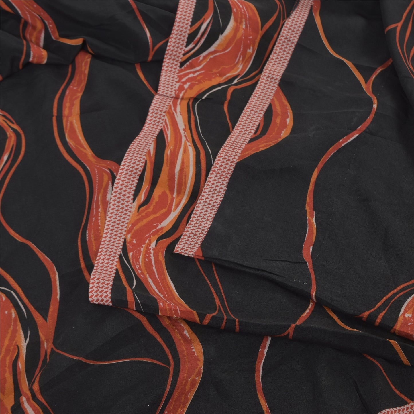 Sanskriti Vintage Sarees Black/Orange Pure Crepe Silk Printed Sari Craft Sustainable Fabric
