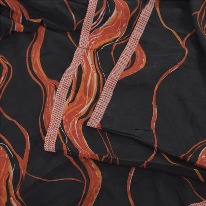 Sanskriti Vintage Sarees Black/Orange Pure Crepe Silk Printed Sari Craft Sustainable Fabric