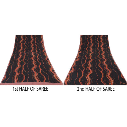 Sanskriti Vintage Sarees Black/Orange Pure Crepe Silk Printed Sari Craft Sustainable Fabric