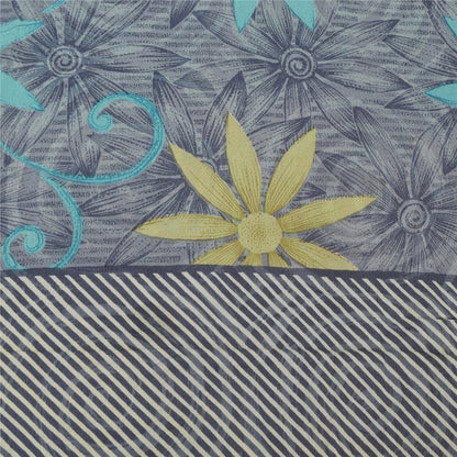 Sanskriti Vintage Saree Gray Pure Crepe Floral Printed Sari 5.5+Yd Craft Fabric