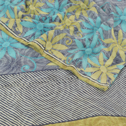 Sanskriti Vintage Saree Gray Pure Crepe Floral Printed Sari 5.5+Yd Craft Fabric