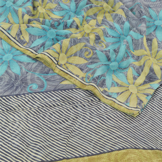 Sanskriti Vintage Saree Gray Pure Crepe Floral Printed Sari 5.5+Yd Craft Fabric