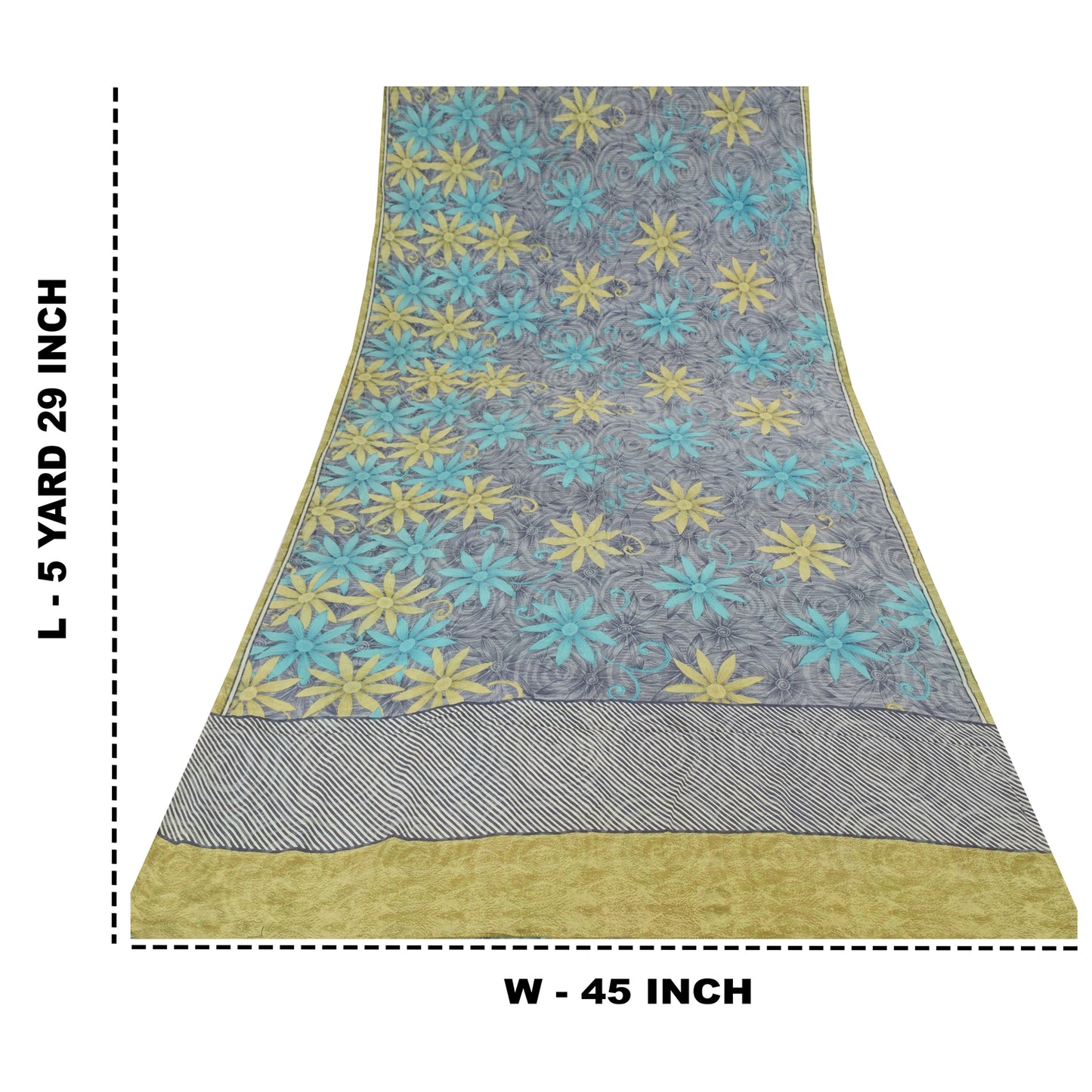 Sanskriti Vintage Saree Gray Pure Crepe Floral Printed Sari 5.5+Yd Craft Fabric