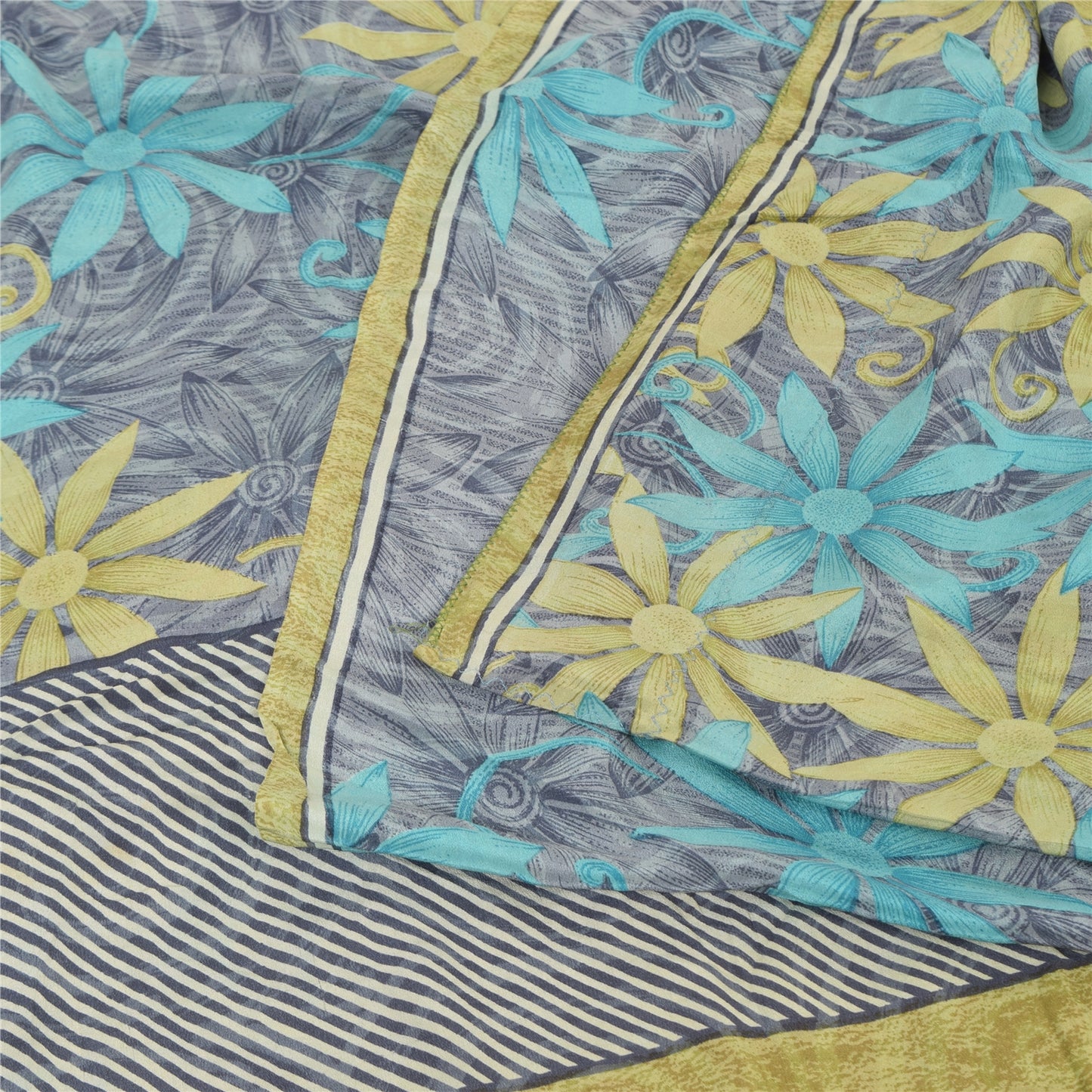 Sanskriti Vintage Saree Gray Pure Crepe Floral Printed Sari 5.5+Yd Craft Fabric