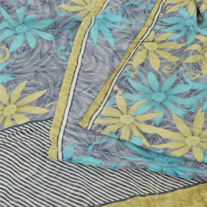 Sanskriti Vintage Saree Gray Pure Crepe Floral Printed Sari 5.5+Yd Craft Fabric