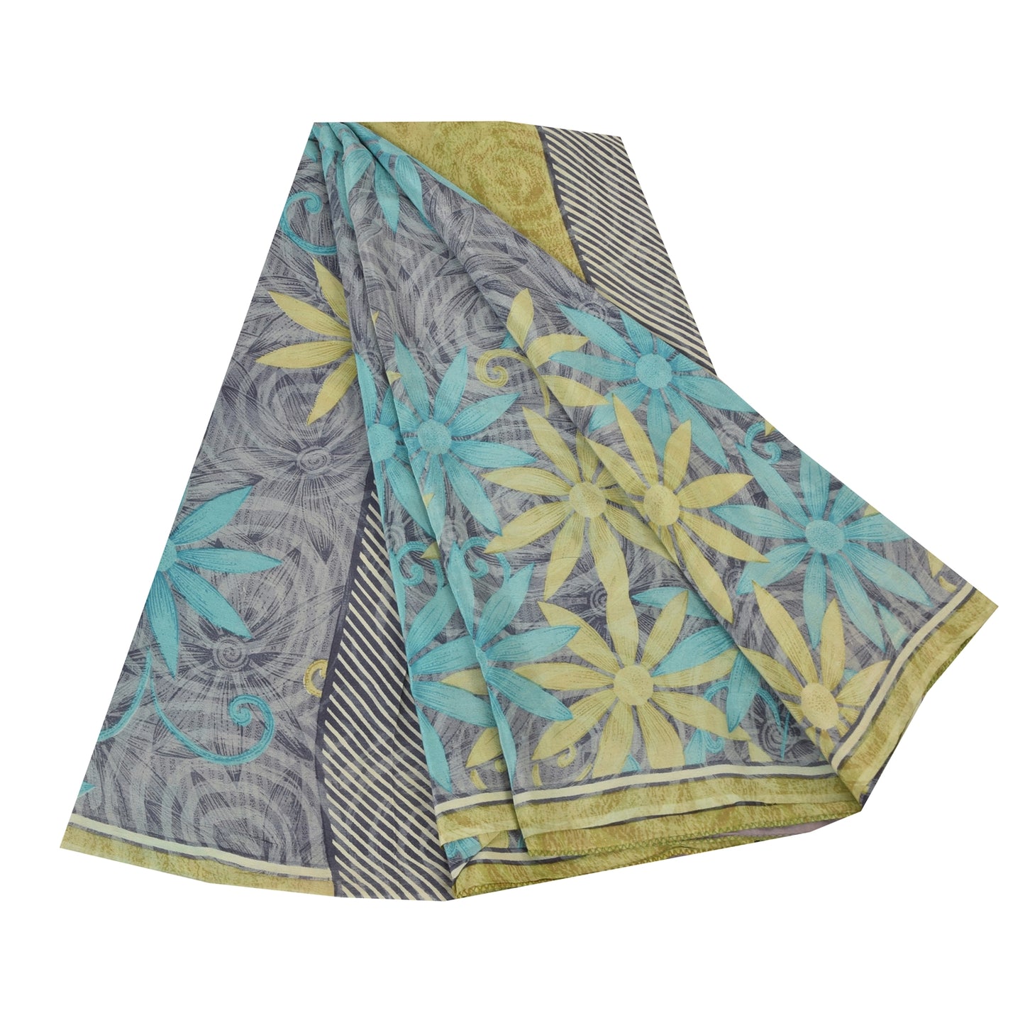 Sanskriti Vintage Saree Gray Pure Crepe Floral Printed Sari 5.5+Yd Craft Fabric