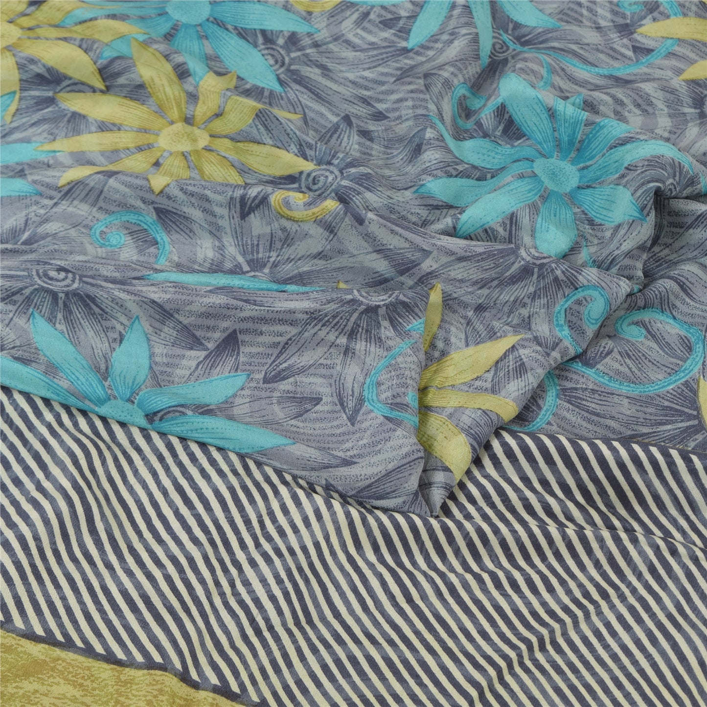 Sanskriti Vintage Saree Gray Pure Crepe Floral Printed Sari 5.5+Yd Craft Fabric