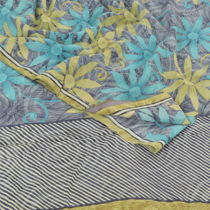 Sanskriti Vintage Saree Gray Pure Crepe Floral Printed Sari 5.5+Yd Craft Fabric