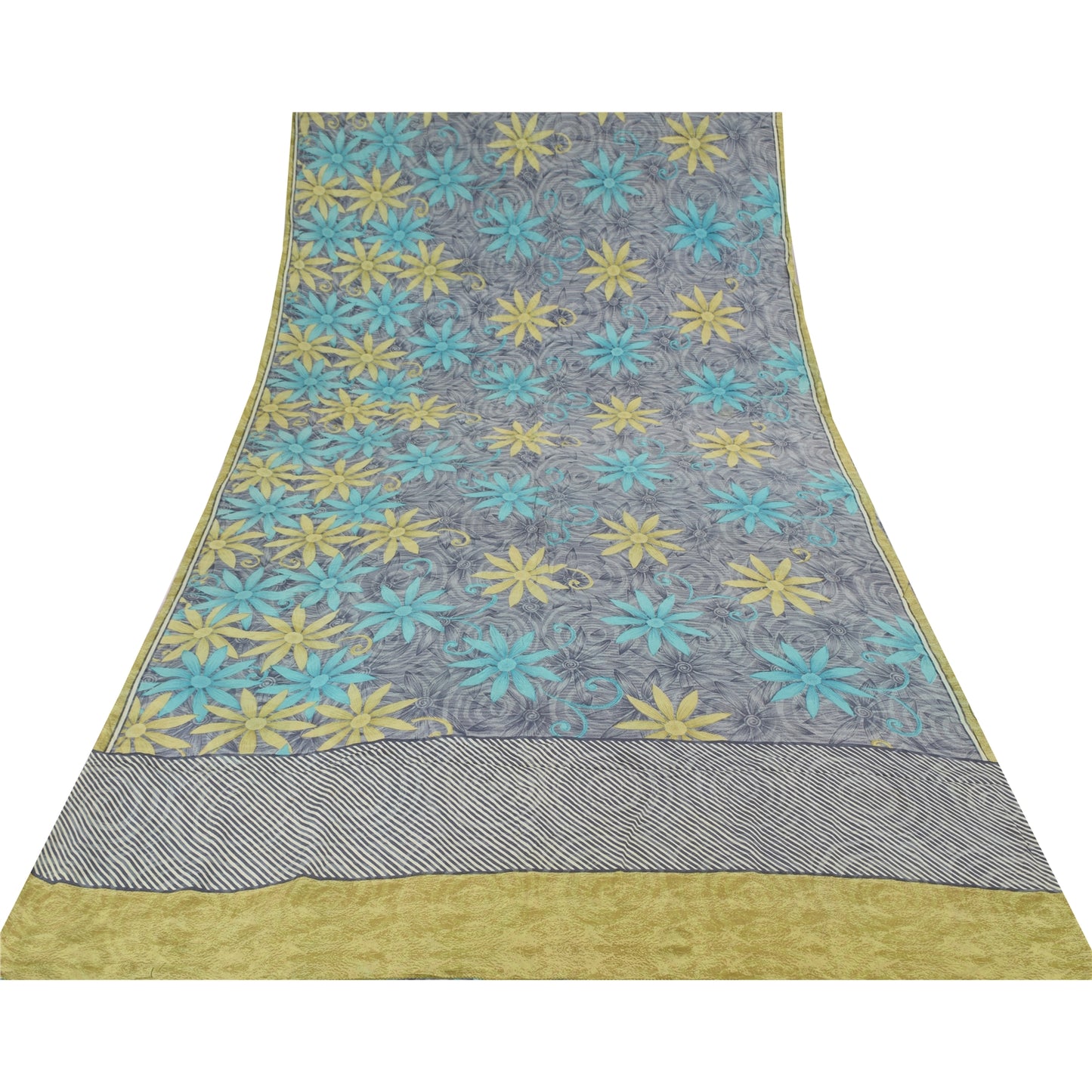 Sanskriti Vintage Saree Gray Pure Crepe Floral Printed Sari 5.5+Yd Craft Fabric