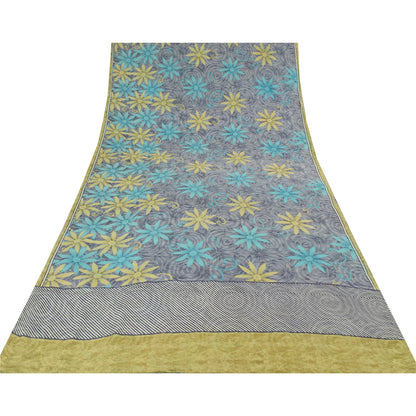 Sanskriti Vintage Saree Gray Pure Crepe Floral Printed Sari 5.5+Yd Craft Fabric