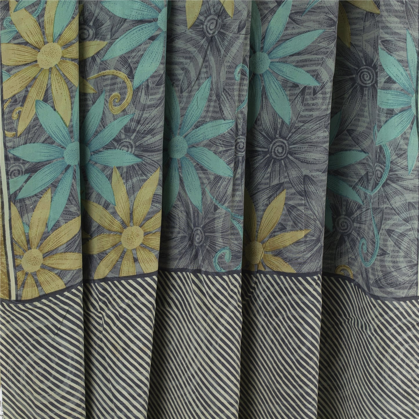 Sanskriti Vintage Saree Gray Pure Crepe Floral Printed Sari 5.5+Yd Craft Fabric