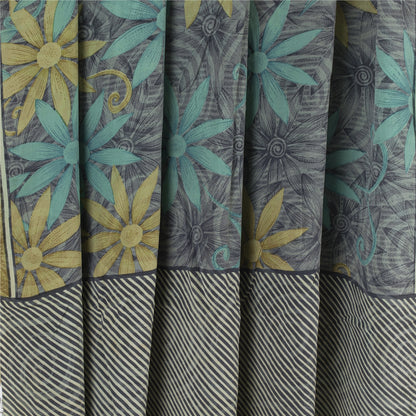 Sanskriti Vintage Saree Gray Pure Crepe Floral Printed Sari 5.5+Yd Craft Fabric