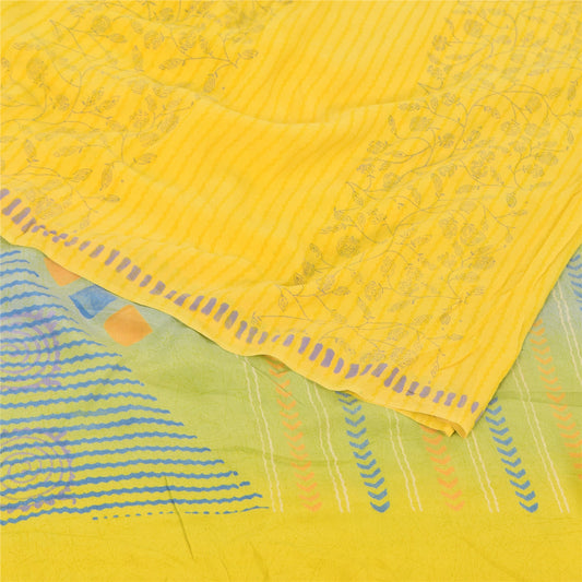 Sanskriti Vintage Sarees Yellow Pure Crepe Silk Printed Sari 5yd Craft Sustainable Fabric