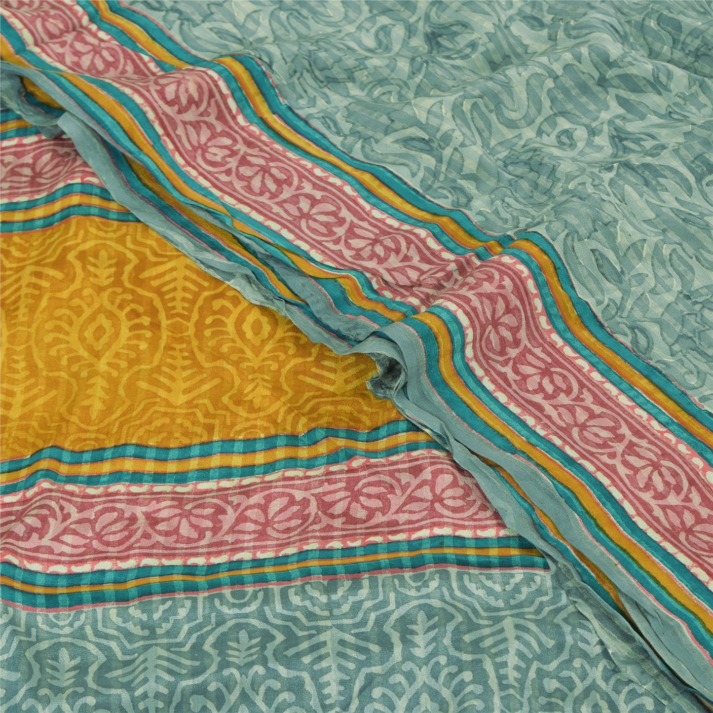 Sanskriti Vintage Sarees Green Pure Crepe Silk Printed Sari 6+yd Craft Fabric