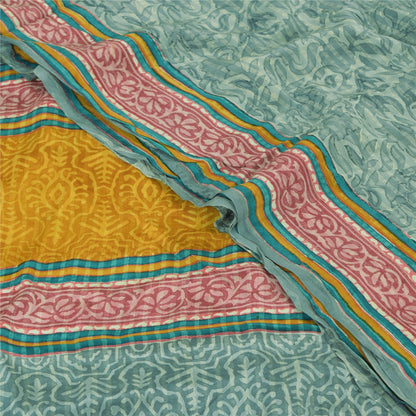 Sanskriti Vintage Sarees Green Pure Crepe Silk Printed Sari 6+yd Craft Fabric